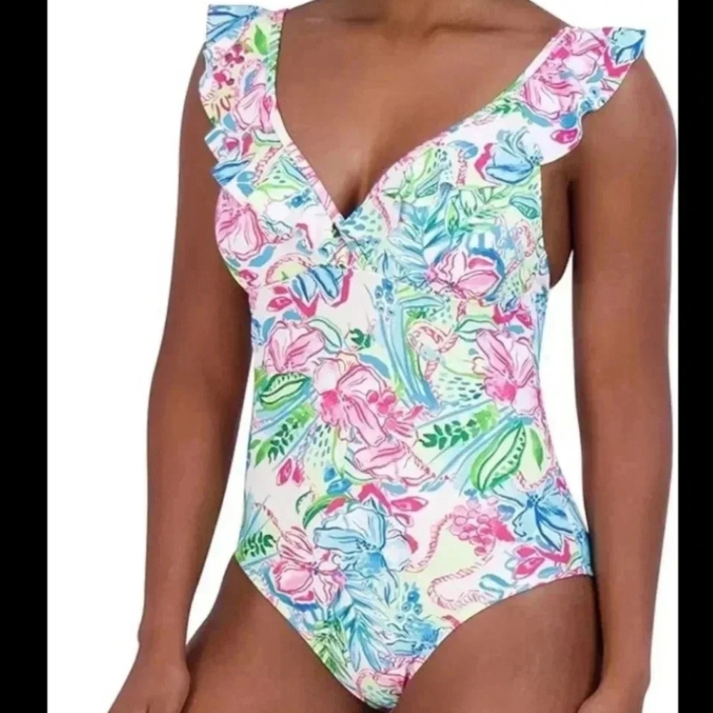 Stella Parker Collection Multi Color Ruffle One Piece Swimsuit Beach Vacation